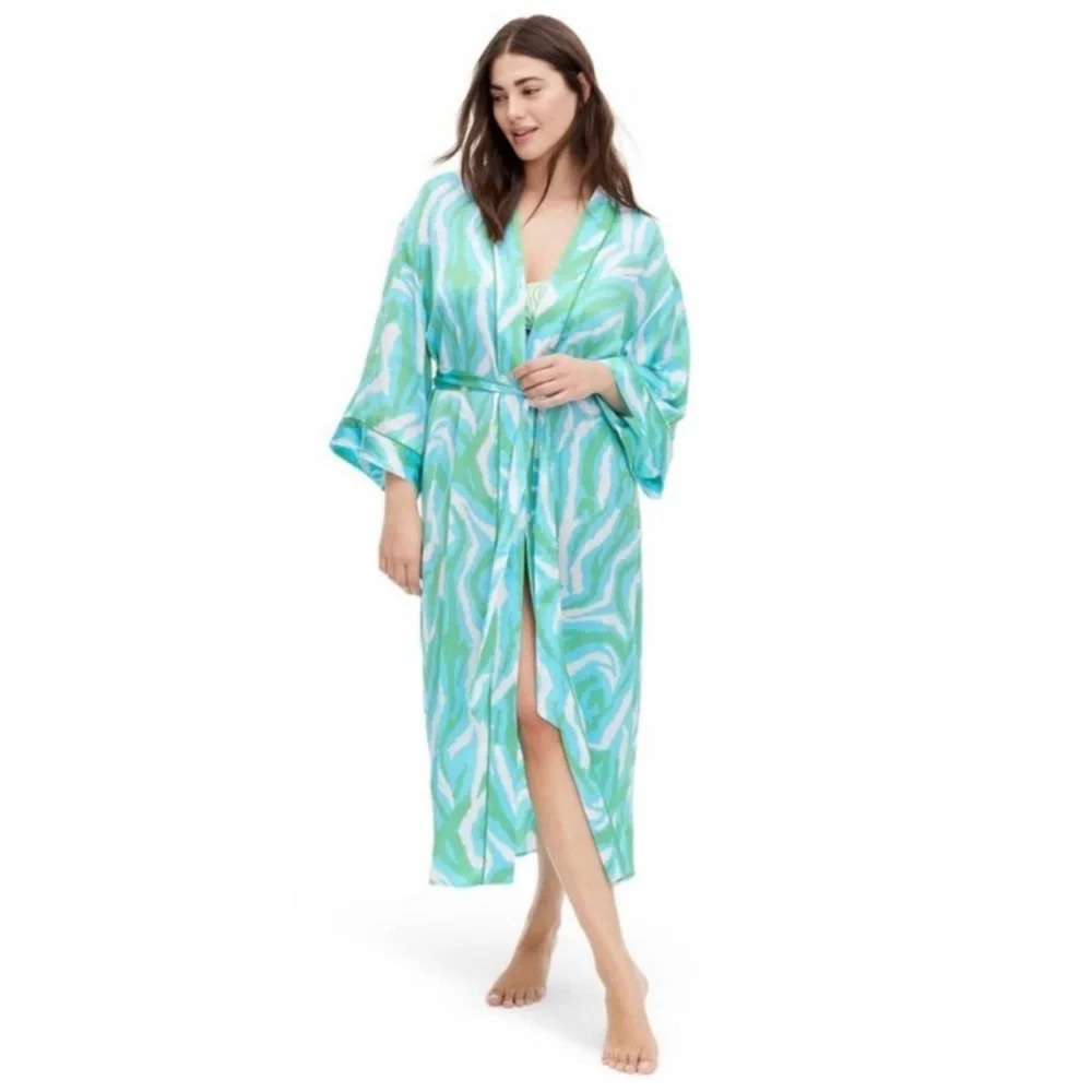 DVF for Target Women's Long Satin Disco Zebra Blue Green Robe